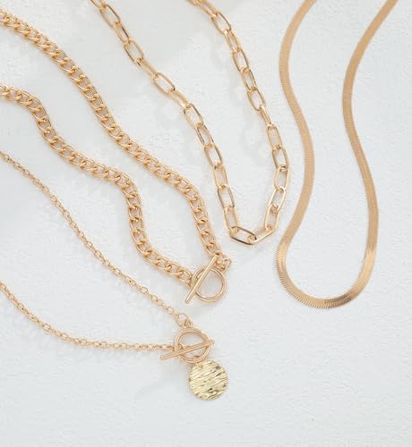 iF YOU Vintage Gold Layered Necklaces for Women Trendy, Chunky Cuban Link Paperclip Chains Necklace Stack, Coin Pendant Necklace Set Jewelry Gifts - style: 4-layer gold snake necklaces