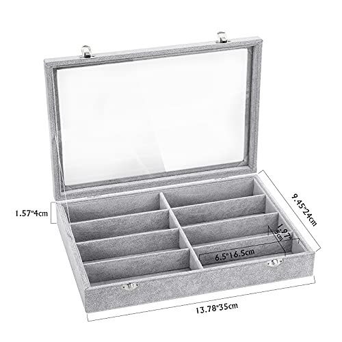 Emibele Glasses Organizer Jewelry Tray, 8 Grids with Clear Lid Velvet Tray Watch Storage Stackable Jewelry Showcase Display Storage with Detachable Inner Dividers - Grey - style: G1- eight Grids with Lid