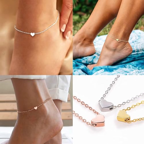 ChicSilver Personalized 925 Sterling Silver Tiny Heart/Moon/Star/Sun/Dot/Triangle Anklets Simple Dainty Foot Jewelry for Women, Silver/Gold Plated/Rose Gold Plated - style: Silver Heart