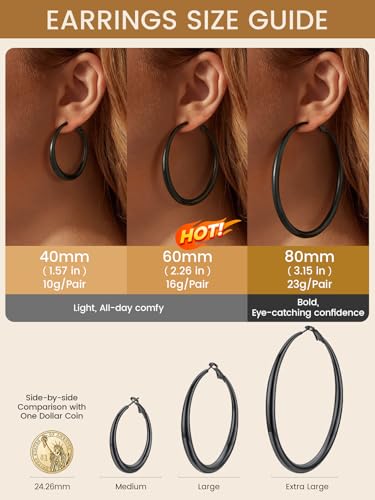 KeyStyle 5mm Thick Hoop Earring,Large Gold Hoop Earrings for Women | Stainless Steel Hoops Earring 14K Gold Plated/Silver/Black Hoop Lightweight Hypoallergenic Hollow Tube Hoop(40/60/80MM) - color: Black, size: 40mm