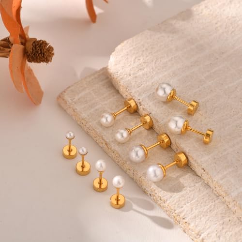 JINERA 5 Pairs Stud Earrings for Women 14K Plated Gold/Silver Pearl Ball Small Stud Earrings Set Cartilage Piercing Hypoallergenic Lightweight Flatback Earrings Jewelry Gifts for Women - color: 1 Pair Flat Back Pearl Earrings - Gold