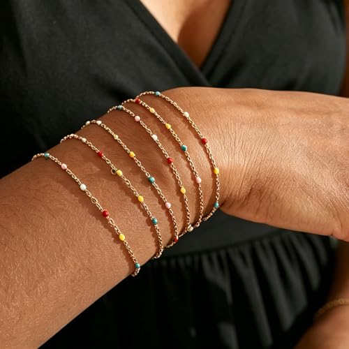 6 PCS Enamel Beaded Chains Bracelet Stainless Steel Link Bracelets | 6.7"+1.18", With Extender Chain, Fashion Jewelry Set, Gift For Women, Colorful, No Fade - color: Colorful Gold