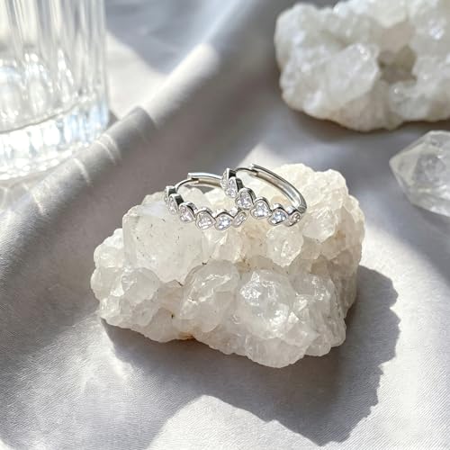 Women's 925 Sterling Silver Earrings -14mm, Exquisite White Heart Hoop Earrings With Sparkling Cubic Zirconia, Lightweight Hypoallergenic, Fashion Cute Jewelry Gift, Daily And Party Wear - color: Silver