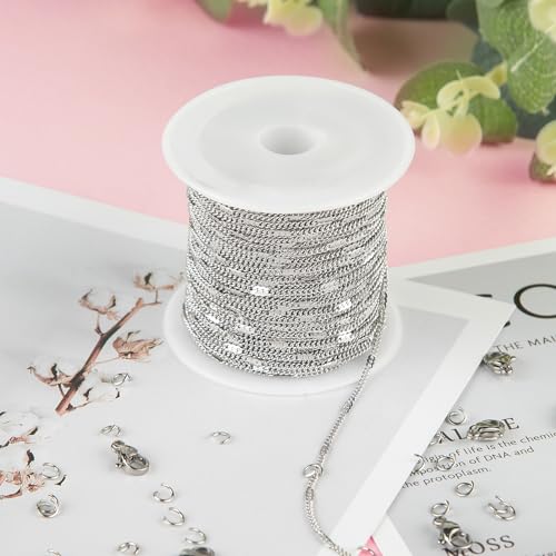 Kyutong Thin Curb Chains Bulk on Spool Silver Chain for Jewelry Making | 32.8 Feet 304 Stainless Steel Jewelry Chain with Clasps Men Women Necklace Bracelet Making Chain Supplies - color: Flat Curb Silver