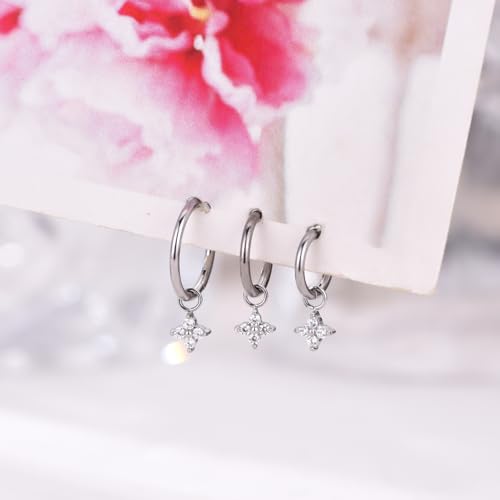 Ourania 16G Gold Stainless Steel Zircon Dangle Huggie Hoop Rook Piercing Helix Hoop Earring Tragus Hoop Cartilage Piercing for Women - color: Round Flower Silver 2PCS, size: 1.2*10mm 2pcs