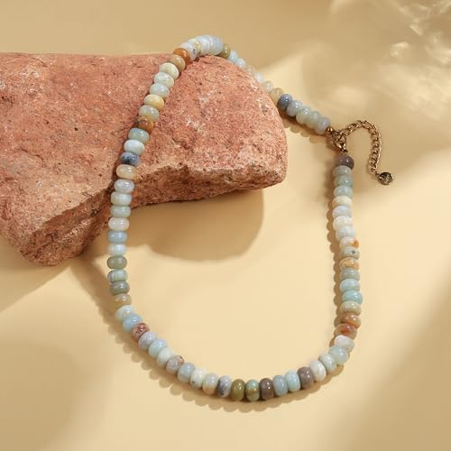 Joya Love Colorful Gemstone Beaded Necklaces For Women Trendy Rainbow Natural Stone Boho Handmade Stainless Steel Waterproof Strand Necklaces Jewelry For Women Gift - color: Pomegranate