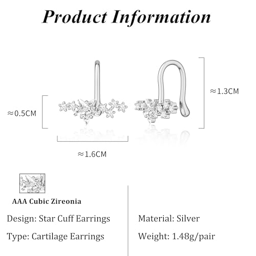 Star 14K Gold Plated Ear Cuff Earrings for Women Non Piercing, Dainty Silver Plated Clip on Cartilage Ear Cuff Non Pierced Trendy CZ Northstar Starburst Sparkling Climber Clawer Earring Jewelry - style: Northstar-Silver