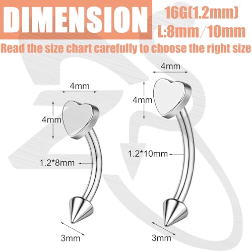 ZS 2 Pairs Stainless Steel Eyebrow Rings, 16G Curved Belly Rings Navel Barbell Helix Daith Tragus Earrings, 8/10mm Spike Vertical Labret Lip Piercing Jewelry - color: Silver,Heart-L:8/10mm