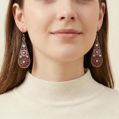 Bohemian Crystal Teardrop Dangle Earrings, Copper, Tribal Geometric Design, Handmade National Style for Women - color: Purple & Red