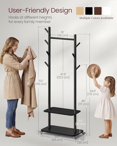 VASAGLE Freestanding Coat Rack Stand with 7 Hooks, 2 Shelves, 4 Removable 360° Swivel Wheels, Wooden Hooks and Pole, for Entryway, Bedroom, Living Room, Ink Black URCR053BH01 - color: Ink Black, style: Minimalist