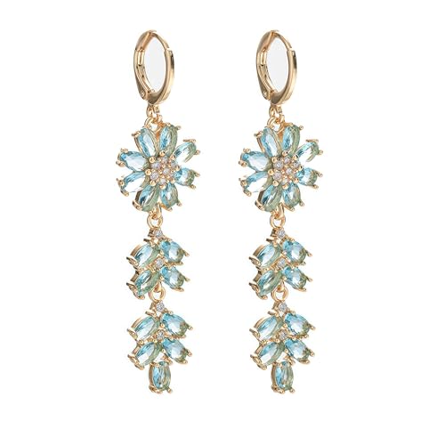 18K Gold Plated Flower Dangle Earrings for Women, Hypoallergenic Cubic Zirconia Earrings, Elegant CZ Drop Earrings, Statement Jewelry Gifts Party Fashion - style: 5297-Flower-Blue