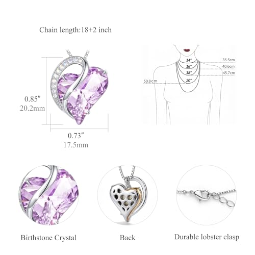 Crystal Heart Necklace for Women - Quietrose Faceted Crystal Heart Pendant with Sparkle Accents, Silver-Tone Curved Frame, 0.85" x 0.73", 18+2" Adjustable Chain, Elegant Gift for Her - color: Lavender - Tranquil Bloom