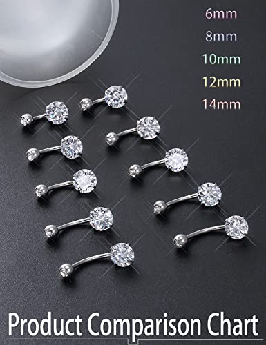 Long Belly Button Ring 6mm 8mm 10mm 12mm 14mm Surgical Stainless Steel Round Cubic Zirconia Navel Barbell Long Bar Belly Button Piercing Jewelry Silver, black, rose gold belly ring - color: 2pcs-14mm-Silver navel ring
