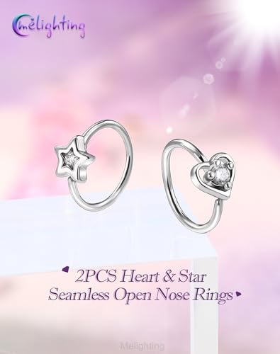 Melighting 20G Seamless Open Nose Rings Set, Star &Heart Nose Ring Hoop Clear CZ, 316L Stainless Steel Jewelry Set for Nostril Septum Cartilage Helix Piercing 8 mm - style: Style2