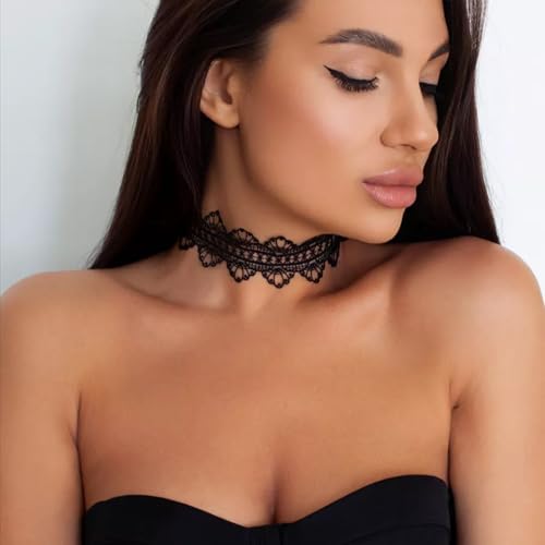 Lace Ribbon Choker Necklace for Women | Adjustable Choker Necklace Charm Statement Hollow Ribbon Collarbone Necklace Striking Gothic Prom Jewelry Gifts - color: Black