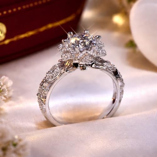 925 Sterling Silver Plated Diamond Ring Hollow Out Flower Ring Cz Simulated Diamond Star Ring Crystal Rings Delicate Everyday Ring for Women (Silver, 7) - size: 7