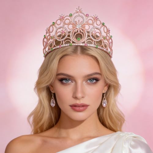 Crystal Crowns for Women, Crystal Bubble TiaraBride Royal Queen Headband Princess Headpieces for Women Bridal Wedding Prom Birthday Party Crowns - color: Rose Gold Pink Green