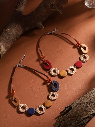 MINACHI Handmade Braided Necklace for Women, Wooden Beads, Rattan Charm, Vintage Style, Gift Jewelry - style: Necklace NECK.005