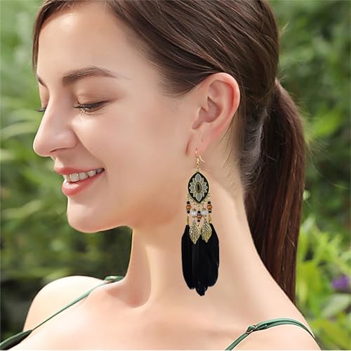 Dreuyet Boho Long Feather Drop Dangle Earrings for Women Retro Bohemian Ethnic Fringe Multicolor Tassel Feather Earring Handmade Statement Dream Catcher Earrings Jewelry - color: Black Oval