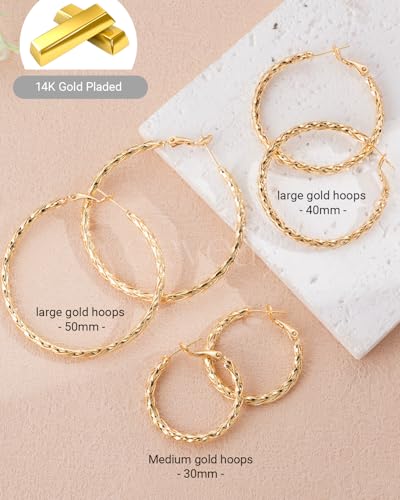 925 Sterling Silver Post Hoop Earrings Lightweight Twisted Hoop Earrings for Women Hypoallergenic Large Hoop Earrings 30/40/50MM - color: Gold, size: 50MM