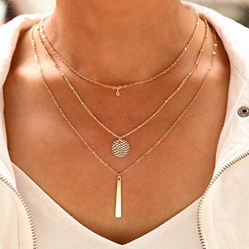 Yalice Dainty Gold/Silver Layered Necklace Chain for Women Sequins Bar Pendant Trendy Jewelry Gift - color: Gold