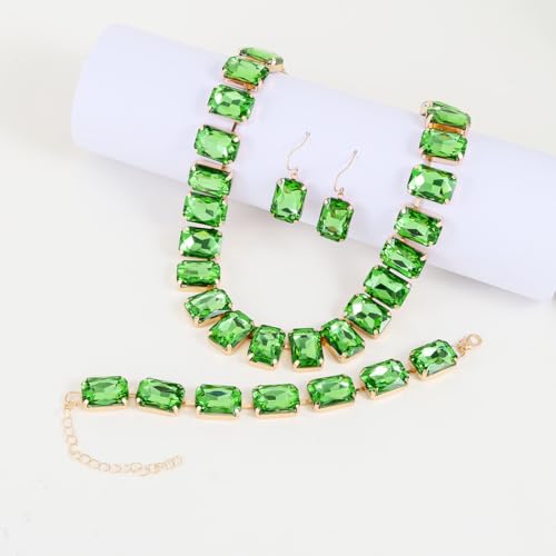 KOSMOS-LI Rectangle Faux Crystal Jewelry Sets Includ Necklace Bracelet Earrings For Women Stocking Stuffers - color: green