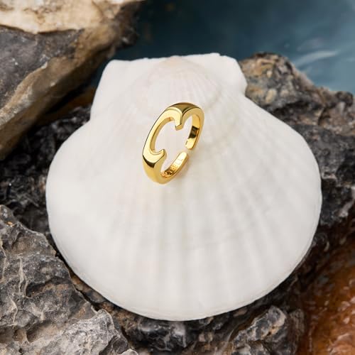 Cicy Bell Initial Rings for Women 18k Gold Plated Adjustable Rings | Open Signet Rings, Bold Letter, Personalized Engraved, For Party - color: Initial-C