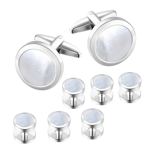 Mens Cufflinks and Tuxedo Shirt Studs Set with Gift Box - color: Silver/Fritillaria