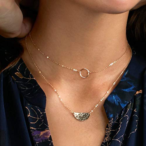 Turandoss Dainty Gold Choker Necklaces for Women - 14K Gold Plated Handmade Medallion Snake Link Chain Cross Star Moon Adjustable Simple Choker Necklaces for Women Jewelry - style: Circle& Half Moon