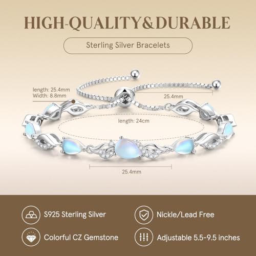 FANCIME Birthstone Teardrop Tennis Bracelet for Women, Sterling Silver 9x7mm main Gemstone Bolo Adjustable Chain Bracelet Fine Jewelry Birthday Gifts for Women Mom Wife Her - color: 06-Moonstone