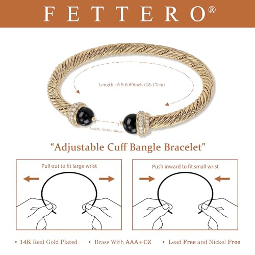 Fettero Gold Cuff Bangle Bracelets for Women - Adjustable Open Cuff Bangles 14K Gold Plated Charm Twisted Cable Bangle Bracelet for Mom Dainty Jewelry Gift - color: Black