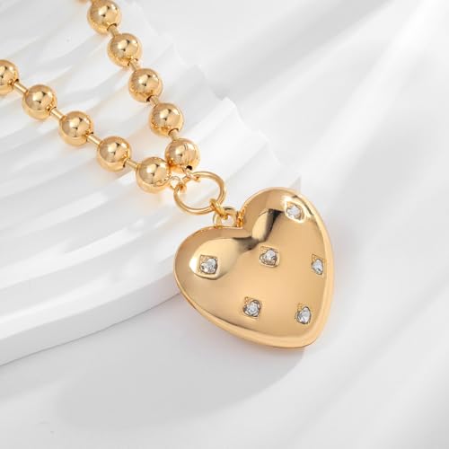CLASSYZINT Gold Heart Pendant Necklace for Women Puffy Heart Necklace Beads Chain Necklace Statement Necklace Trendy Jewelry - style: XL22340A