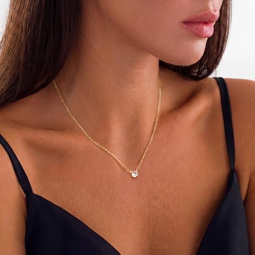 Tewiky Dainty 14k Gold Plated/Silver Cubic Zirconia Necklaces for Women | Simple CZ Jewelry Necklaces Trendy Gifts - color: Gold big CZ