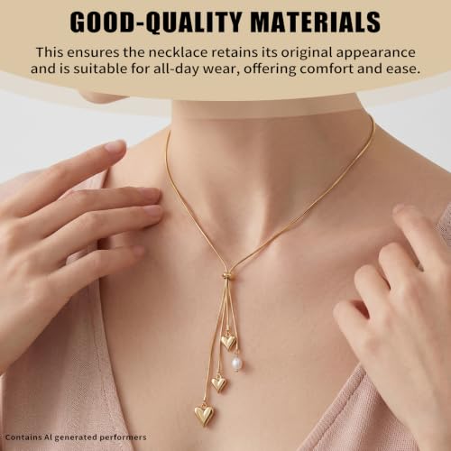 1Piece Gold-Tone Lariat Minimalist Dainty Heart Pearl Pendant Long Necklace | lariat necklace for women|y shaped necklace|lariat necklace gold|gold heart lariat necklace