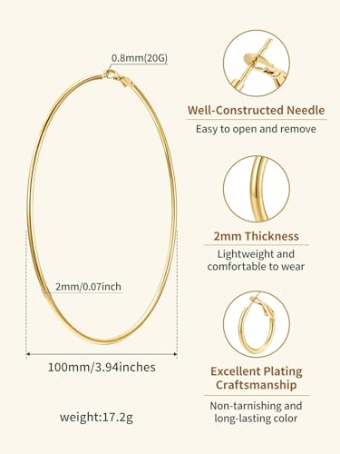 FindChic Thin Hoop Earrings for Women,Silver/Black/Gold Plated 20-100mm - color: Gold, size: 100mm