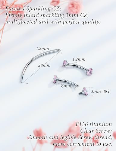 Eyebrow Piercing Jewelry F136 Titanium Internally & externally Threaded Curved Barbell Vertical Labret Lip Jewelry Ear Rook Navel Belly Button Ring Women Men 20g 18g 16g 6mm/8mm/10mm/12mm - color: 6mm F136 titanium Eyebrow Rings 16G Pink