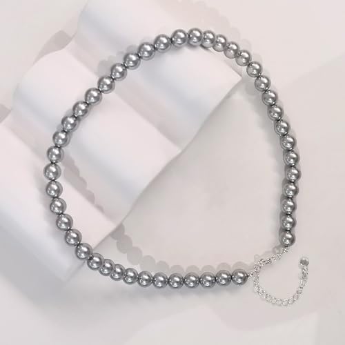 Zeffy Pearl Necklace 4MM/6MM/8MM Dainty Round Imitation Pearl Choker Necklace Wedding Pearl Necklace Delicate Jewelry for Women Simple Bridesmaid Jewelry Gifts - style: 8mm Grey Pearl Necklace(14"+2")