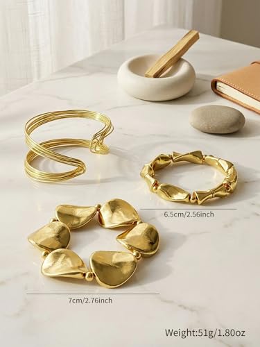 14K Gold Plated 4Pcs Layered Bracelet Set for Women Matte Textured Tassel Cuff Bangle Boho Vintage Adjustable Stackable Fashion Accessories