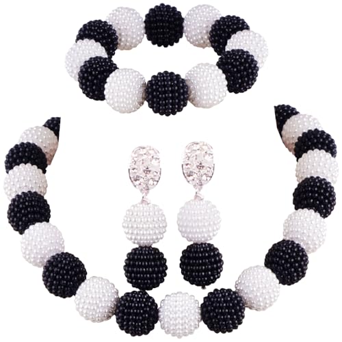 Nigerian Wedding African Beads Jewelry Set Women Simulated Pearl Necklace and Earrings - color: Black-White