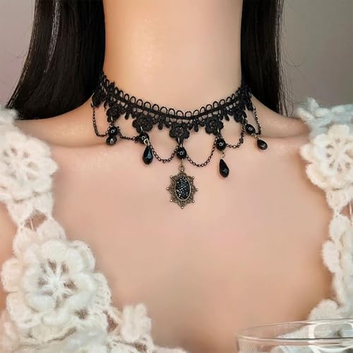 Wide Black Lace Choker Necklace Gothic Lace Pearl Tassel Necklace Short Hollow Flower Tattoo Necklaces Waterdrop Rhinestone Necklaces Halloween Wedding Party Jewelry - style: Style2