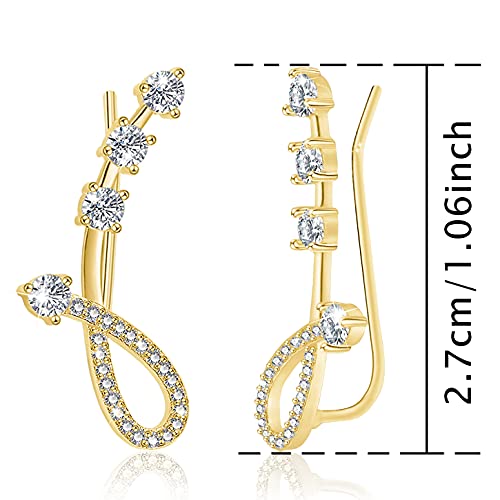Cubic Zirconia Ear Climber Earrings - Sterling Silver Hypoallergenic Ear Crawler Earrings CZ Ear Cuff for Women,Gold