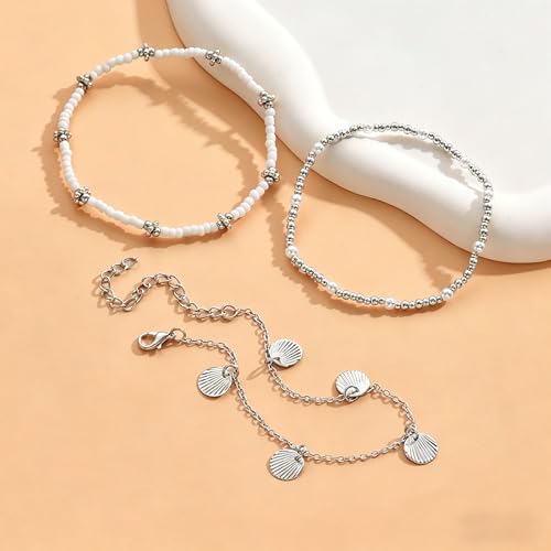 Gold Anklets Bracelets for Women Waterproof Layered Beaded Anklet Bracelets Set Boho Pearl Starfish Shell Anklet Bracelet Stacked Turquoise Anklets Bracelet Summer Beach Foot Jewelry Gift for Women - style: Silver Beaded