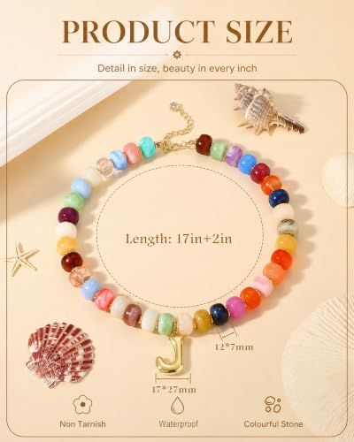 Colorful Chunky Beaded Necklaces for Women Bubble Letter Initial Choker | Boho Statement Bead Necklace, Personalized Rainbow Gemstone Necklaces, Baublebar Gold Necklace Stack, Summer Beach Jewelry - color: Initial O