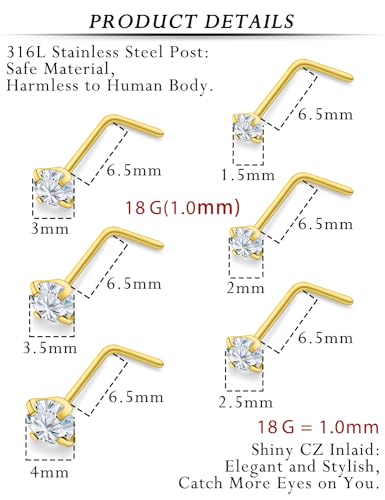 18G 20G 22G 24G Nose Rings Studs 316L Surgical Steel L Shaped Nose Nostril Studs Piercing Jewelry for Women Men Silver Gold Black CZ 1.5mm 2mm 2.5mm 3mm 3.5mm 4mm - style: Gold-18G(1.0mm)-7mm Bars-1.5mm 2mm 2.5mm 3mm 3.5mm 4mm CZ