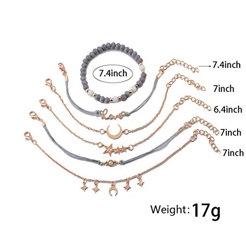 Aluinn Boho Layered Charm Bracelet Set Gold Moon Star Jewelry | Stackable bracelet set with moon and star charms, adjustable fit and style for beach trips, vacations and everyday outfits