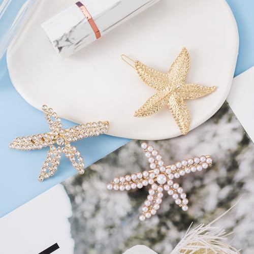 PAGOW 3 PCS Starfish Hair Clips, 3 Styles Gold Rhinestone Hair Clips, Faux Pearl Crystal Sea Star Wedding Headpiece Hair Accessories For Women Bride - color: 3pcs-gold,style2