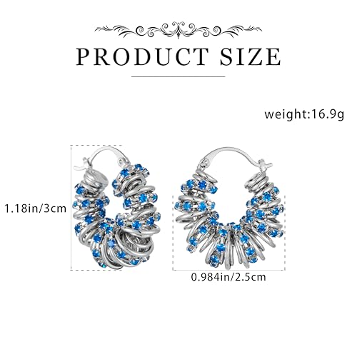Statement Earrings for Women | Chunky Gold Hoops Rhinestone Thick Hoop Earrings 14K Gold Plated Hypoallergenic - color: Silver-Blue