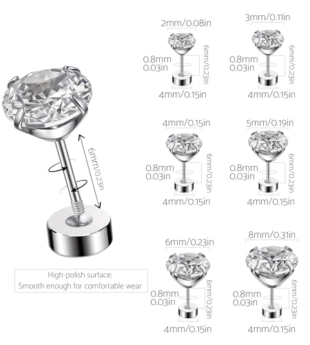 6 Pairs 20G Flat Back Stud Earrings, 316L Surgical Steel CZ Set | Hypoallergenic 316L surgical steel, AAAAA CZ, secure screw backs and six 2-8mm sizes for sensitive ears, helix and tragus.