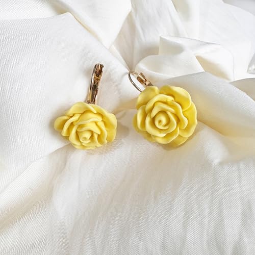 Handmade Bohemian Aesthetic Dainty Acrylic Flower Petal Leverback Earrings Sparkly 14K Gold Floral Dangle Drop Earrings for Women - color: Yellow