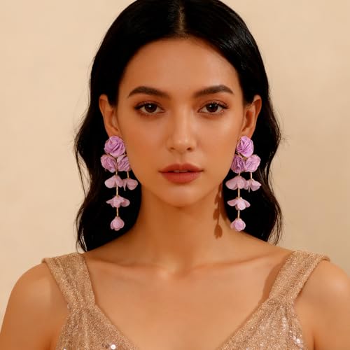 Fabric Flower Earrings for Women Colorful Long Tassel Floral Drop Earrings Fashion Boho Exaggerated Statement Beach Party Jewelry - color: Purple